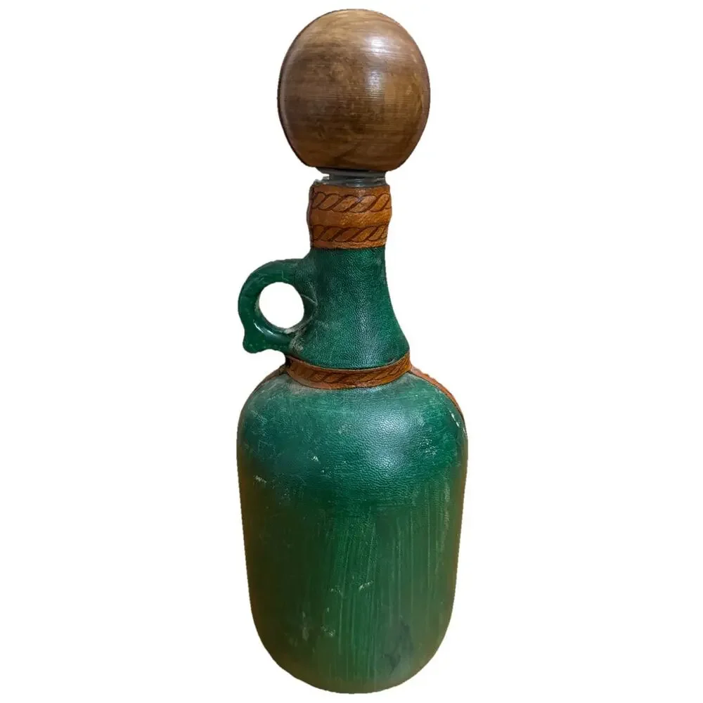 Vintage FAUSTO CORDURI Genuine Leather Decanter Jug Florence Italy Ship Motif